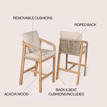 Porto Modern Coastal Tub Roped Acacia Wood Outdoor Bar Stool with Cushions and Armrests